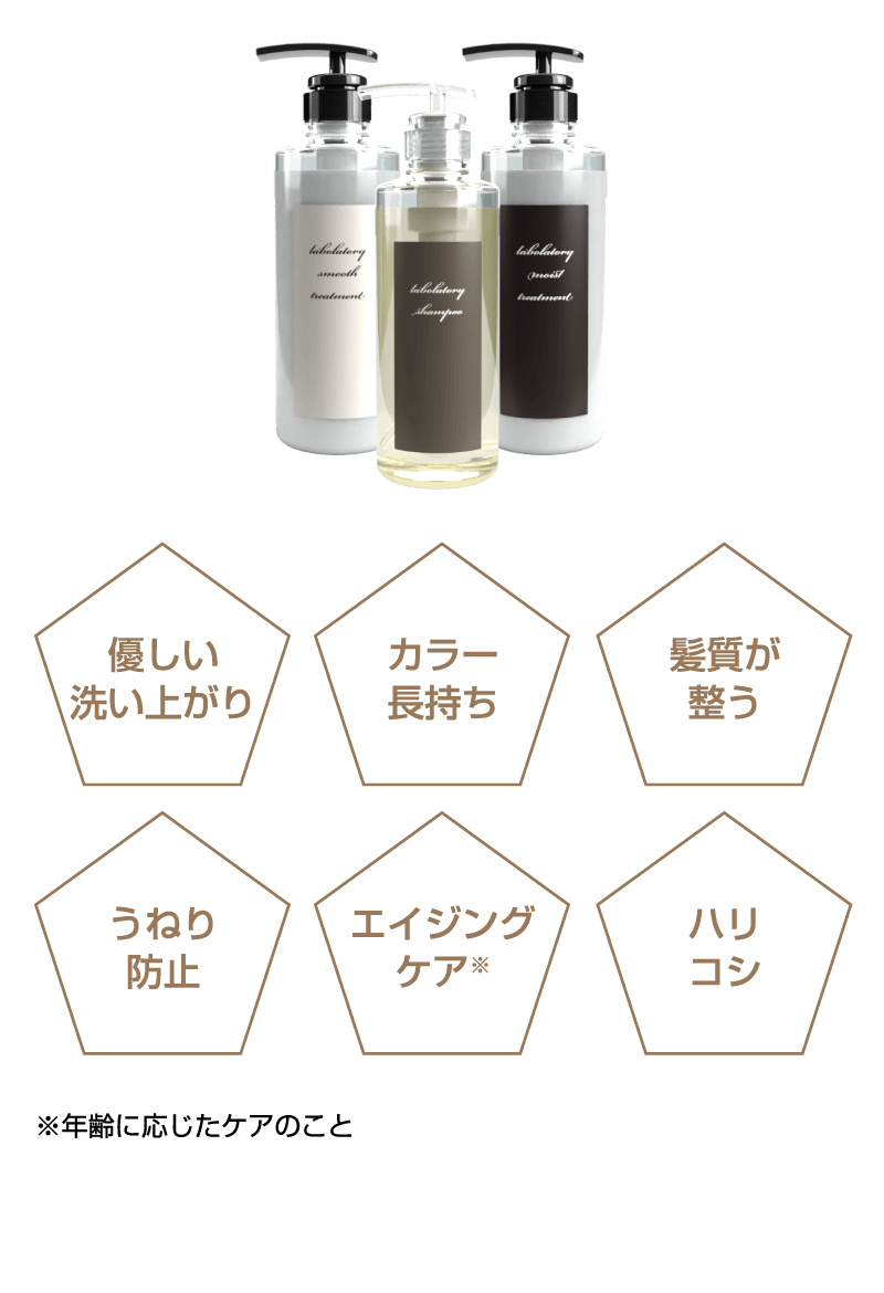優しい洗い上がり、カラー長持ち、髪質が整う、うねし防止、エイジングケア、ハリ・コシ
