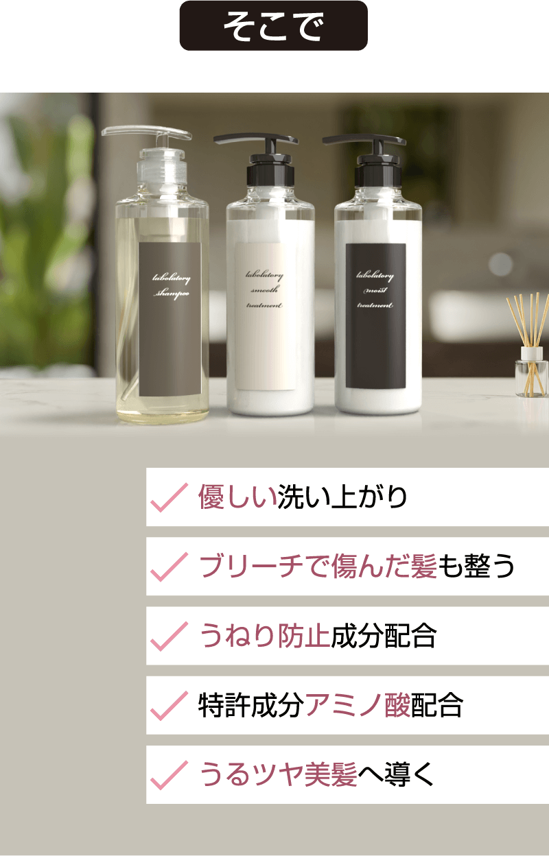 優しい洗い上がり、ブリーチで傷んだ髪も整う、うねり防止成分配合、特許成分アミノ酸配合、うるツヤ美髪へ導く